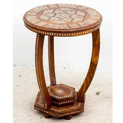 Bone Inlaid Side Table Round Wooden Home Décor Living Room Furniture