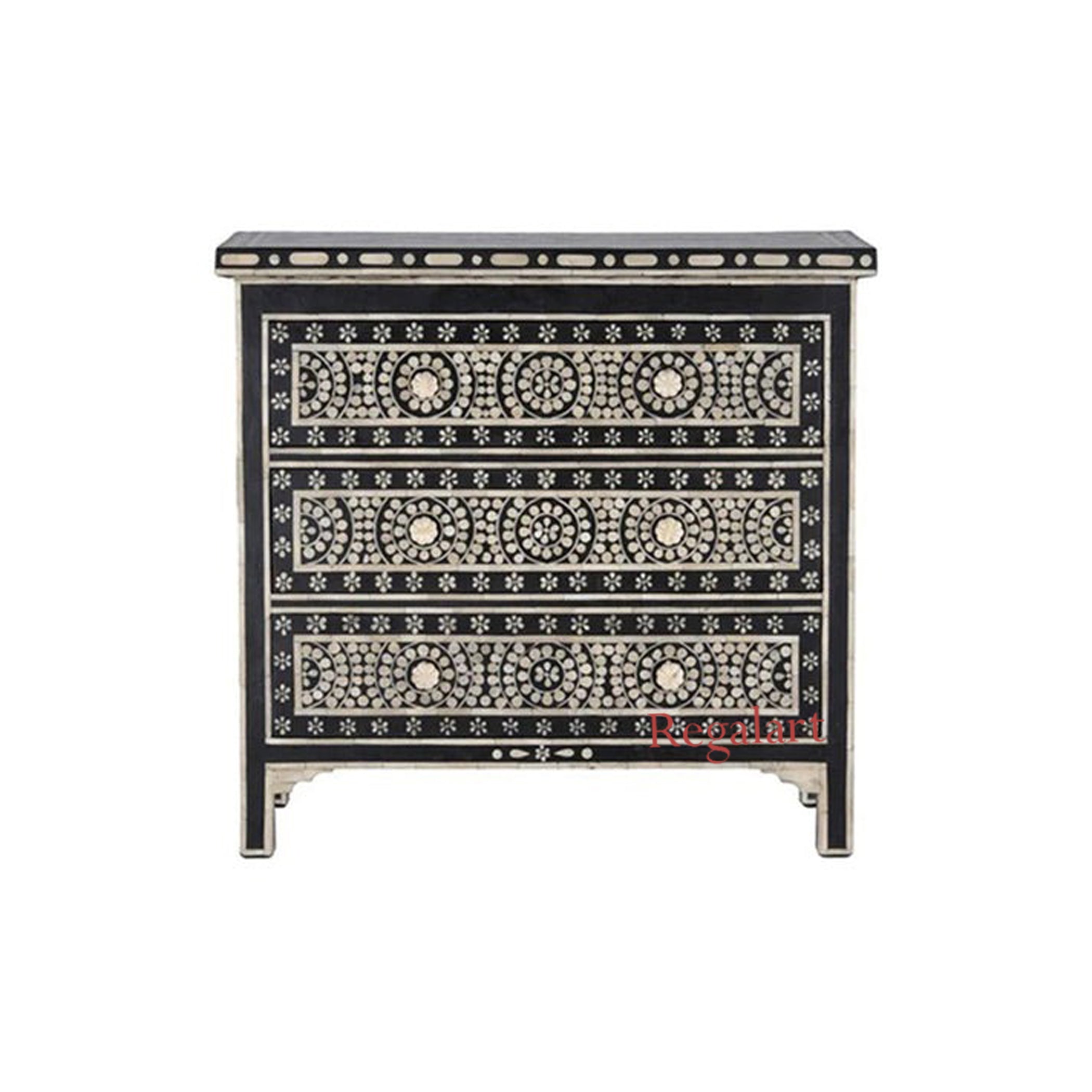 Three Drawer Bone Inlay Chest | Geometric Pattern Dresser for Home