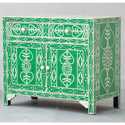 Bone Inlay Chest Of Drawers Drawer, 2 Doors 1 Drawer, Cabinet - Green Leaf Patte