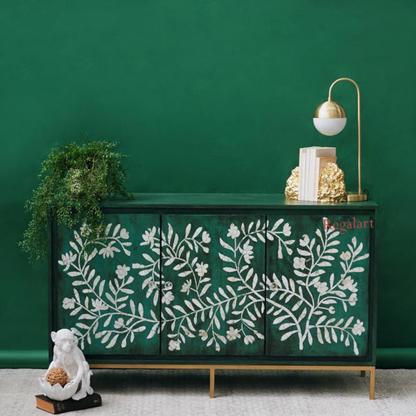 Handmade Green Bone Inlay Sideboard Cabinet Decor