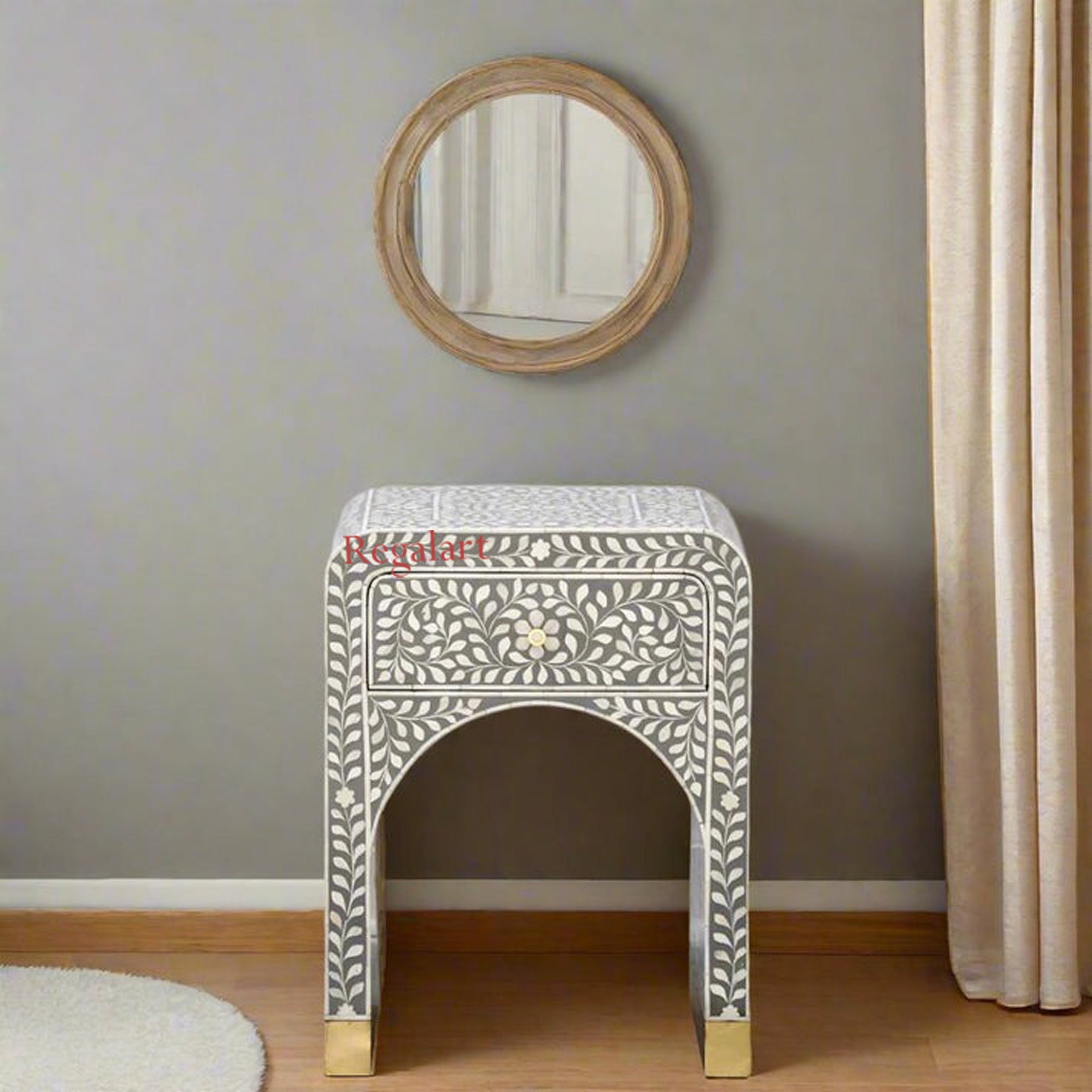 Handmade Bone Inlay 1 Drawer Floral Art Bedside Table Nightstand