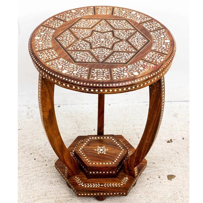 Bone Inlaid Side Table Round Wooden Home Décor Living Room Furniture