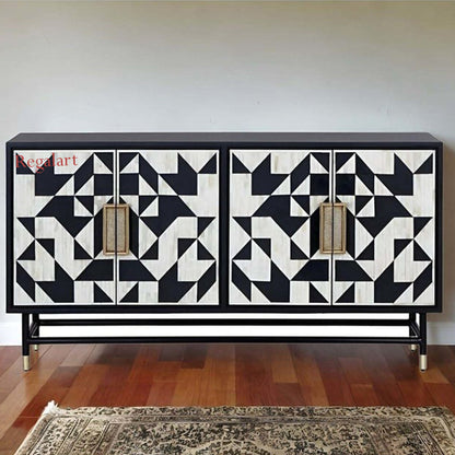 Handmade Bone Inlay Cabinet with 4 Doors | Elegant Side Table & Bone Inlay Sideboard | Unique Bone Inlay Buffet | Handcrafted Furniture