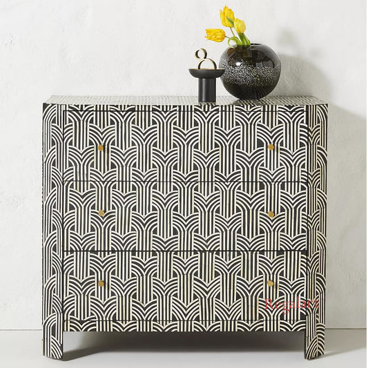 Bone Inlay Chest of Drawers – Black Finish | Handmade Dresser | Artistic Storage Solution