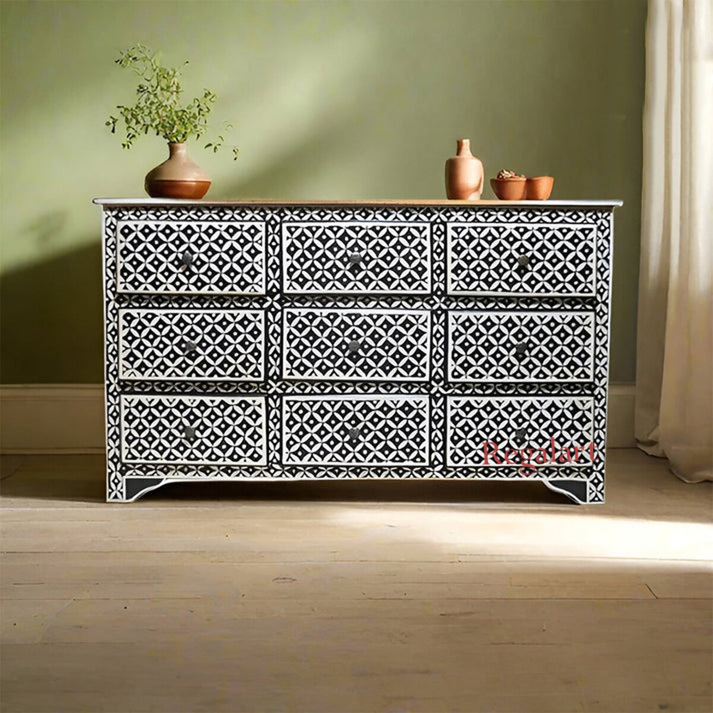 Bone Inlay Chest of Drawers Black Eye Pattern Handmade 9 Drawers