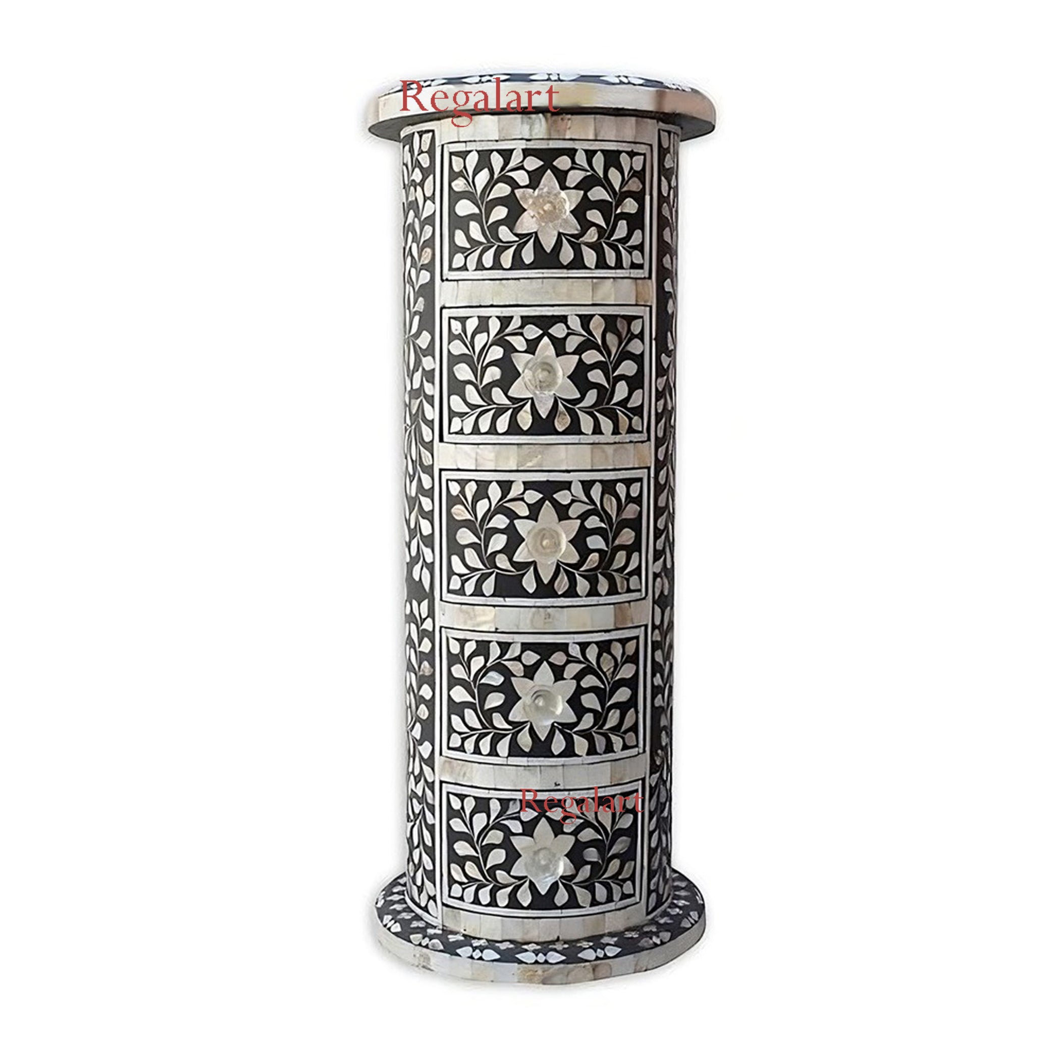 Round Side Table with Mother of Pearl Inlay – Floral Design Accent Table for Home Décor | Luxury Handmade Furniture