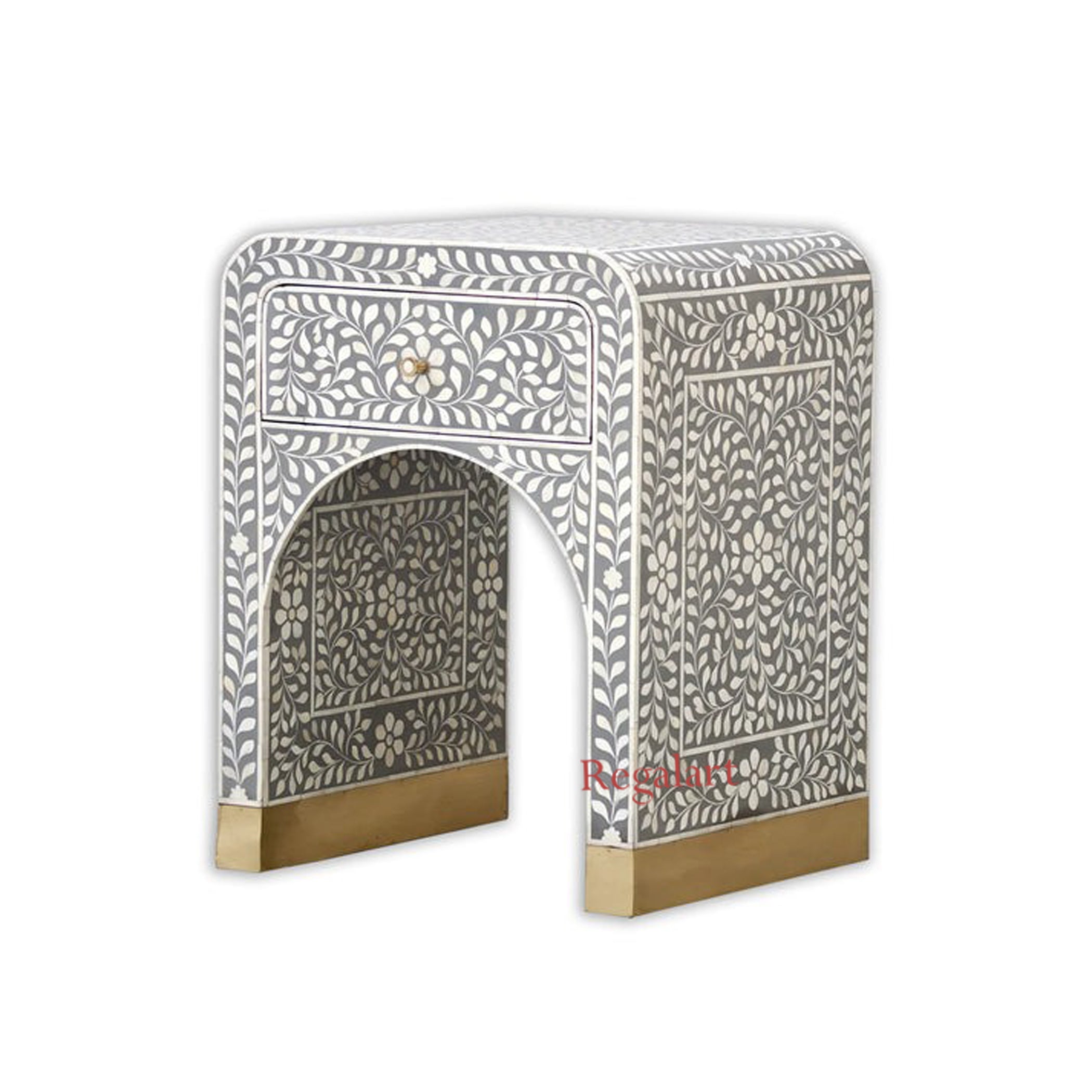 Handmade Bone Inlay 1 Drawer Floral Art Bedside Table Nightstand