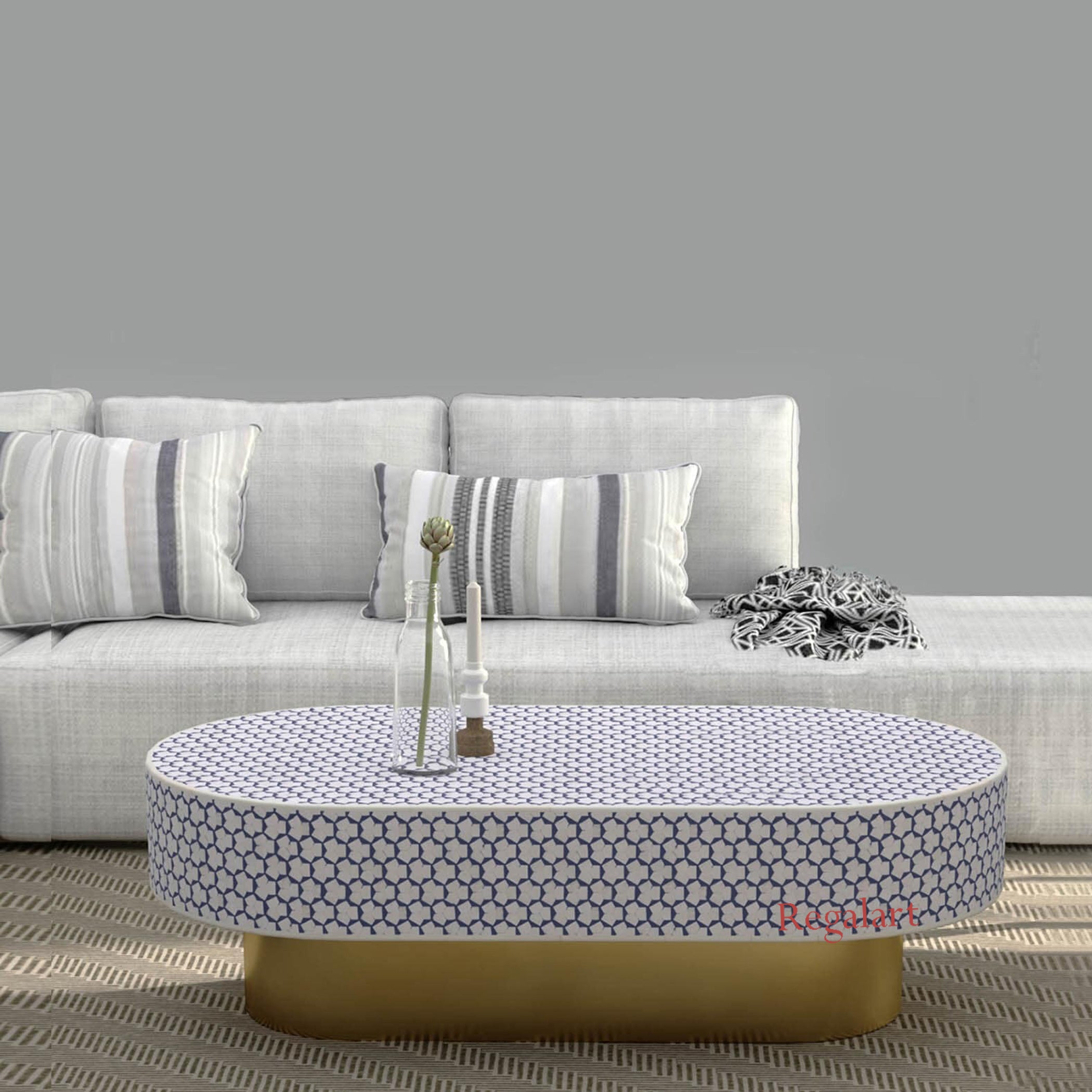 Luxury Targua Bone Inlay Coffee Table – Indigo Oval Design