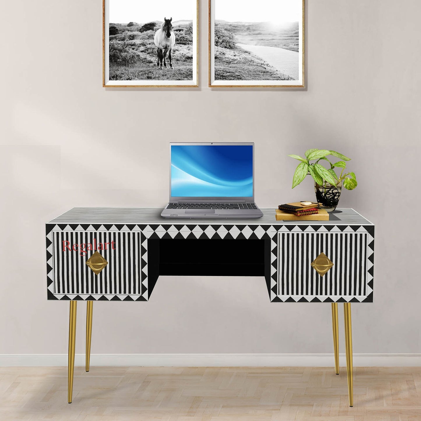 Handmade Black Bone Inlay Waterfall Desk – Elegant Study Table