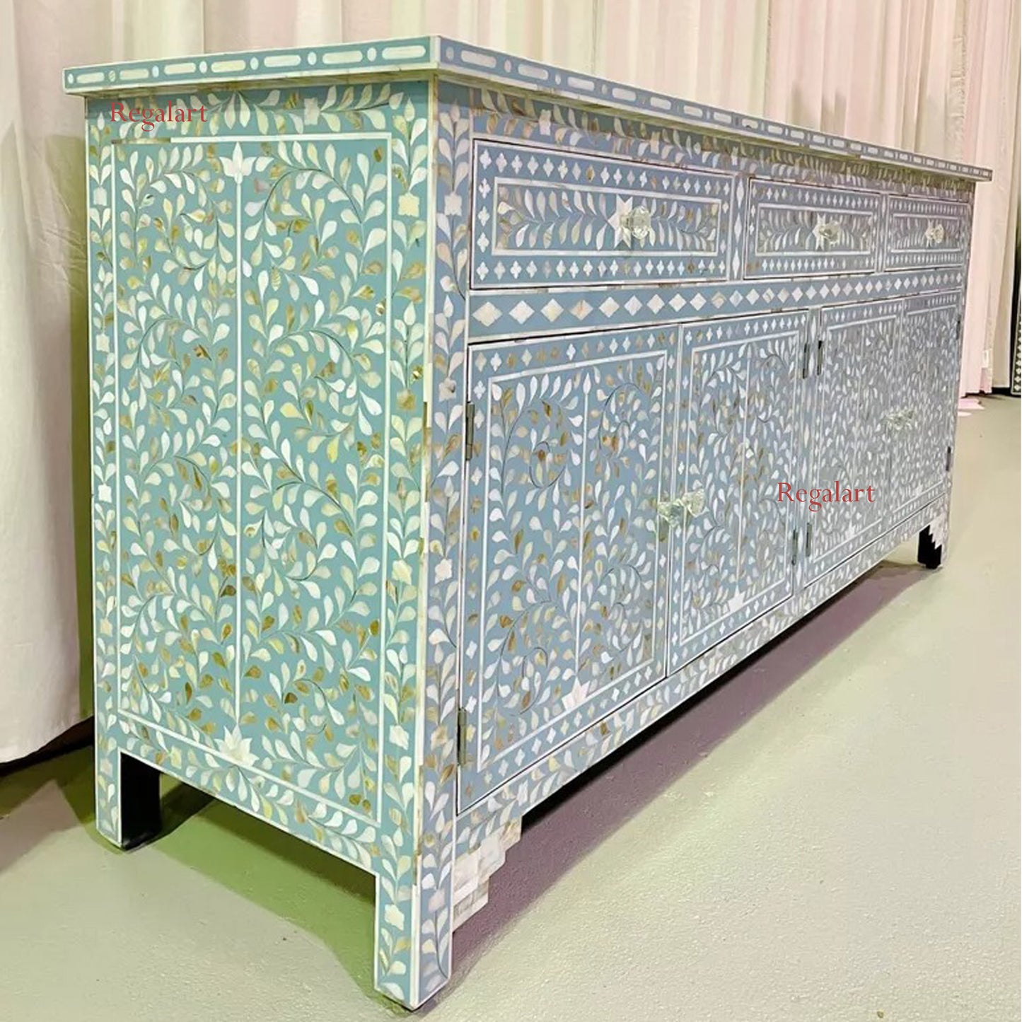 Sideboard Buffet Large Mother Of Pearl Inlay - Blue Floral Home Décor Furniture