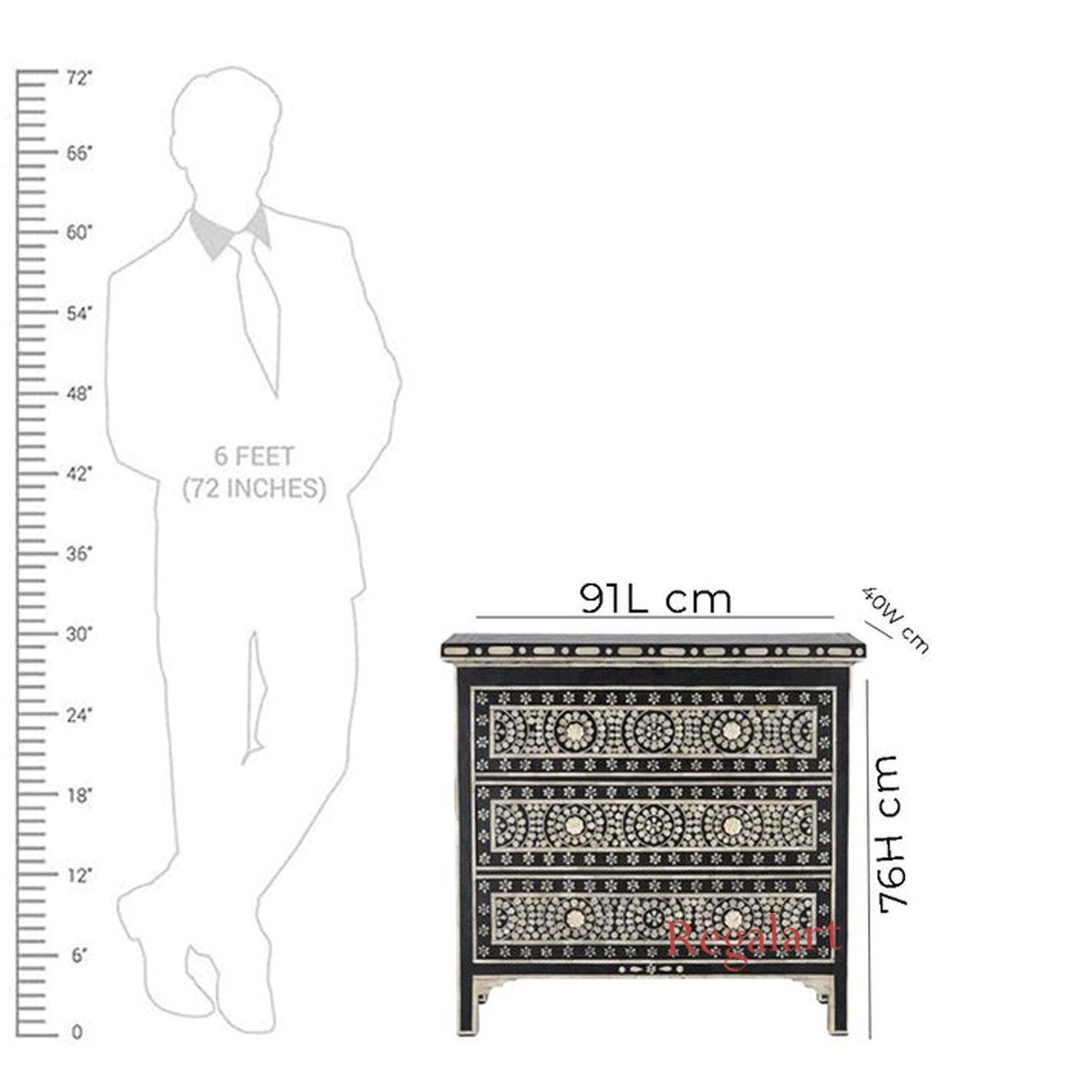 Three Drawer Bone Inlay Chest | Geometric Pattern Dresser for Home