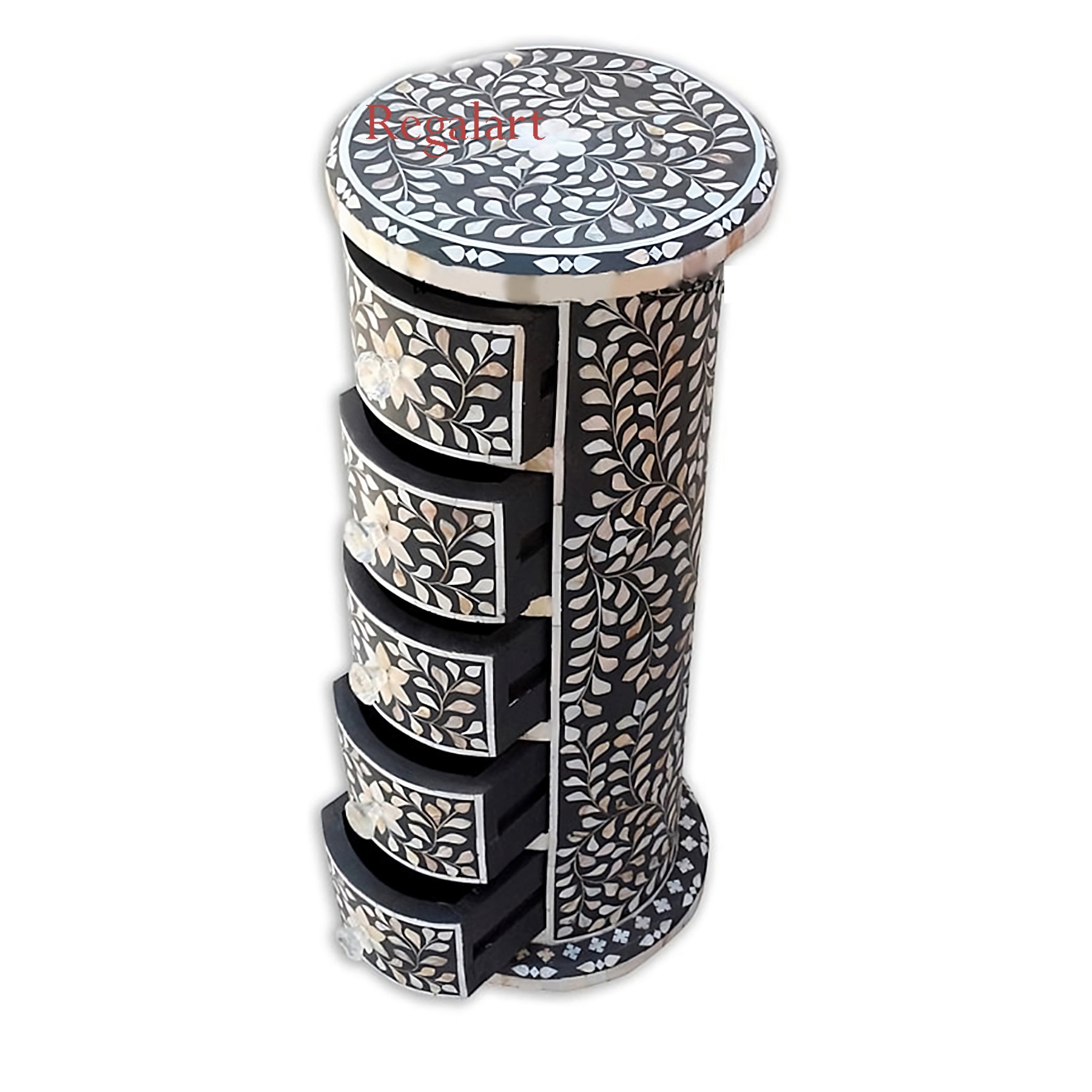 Round Side Table with Mother of Pearl Inlay – Floral Design Accent Table for Home Décor | Luxury Handmade Furniture
