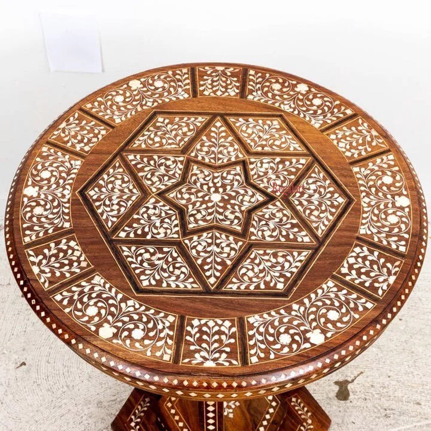 Bone Inlaid Side Table Round Wooden Home Décor Living Room Furniture