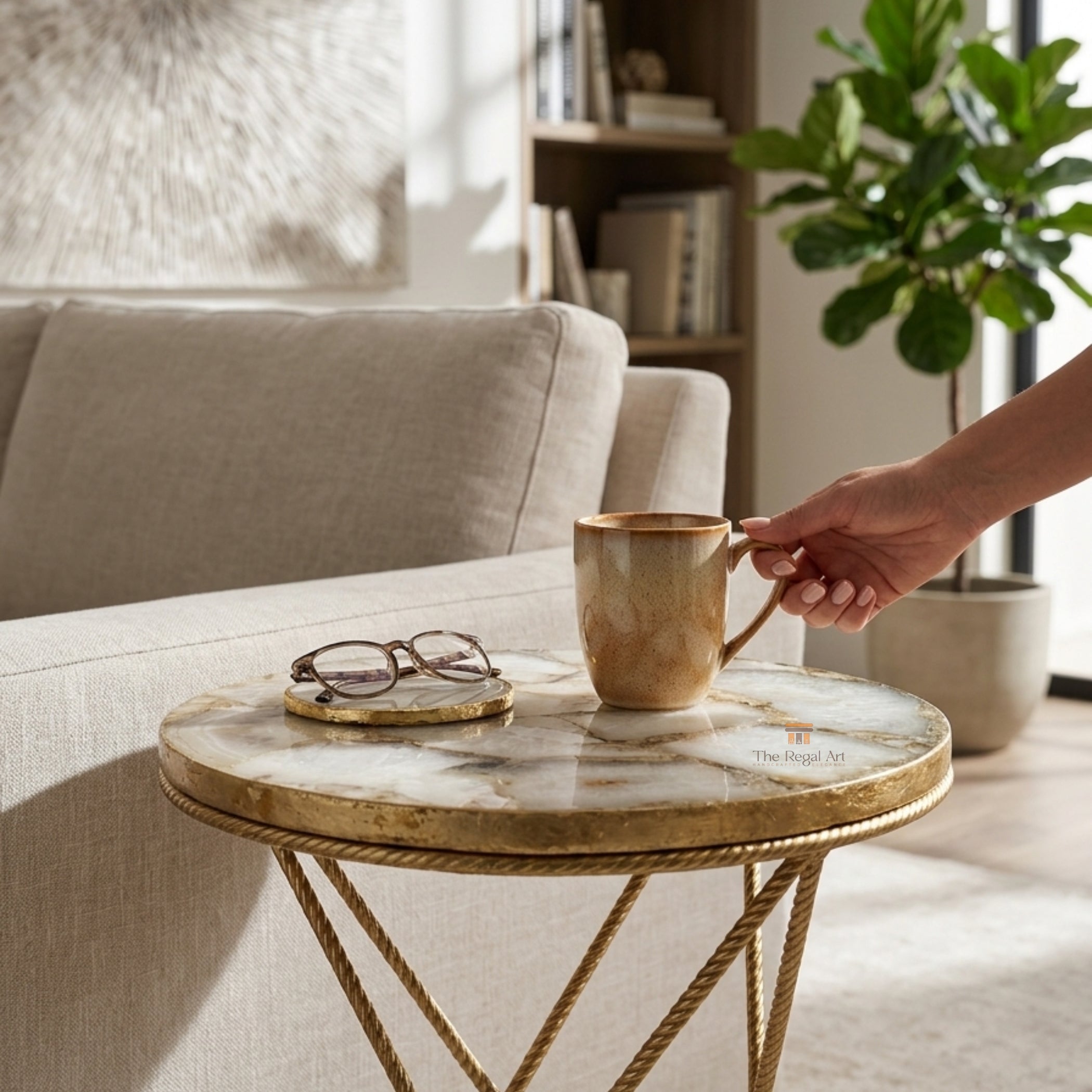 White Gava Agate Table | Round Gemstone Coffee Table