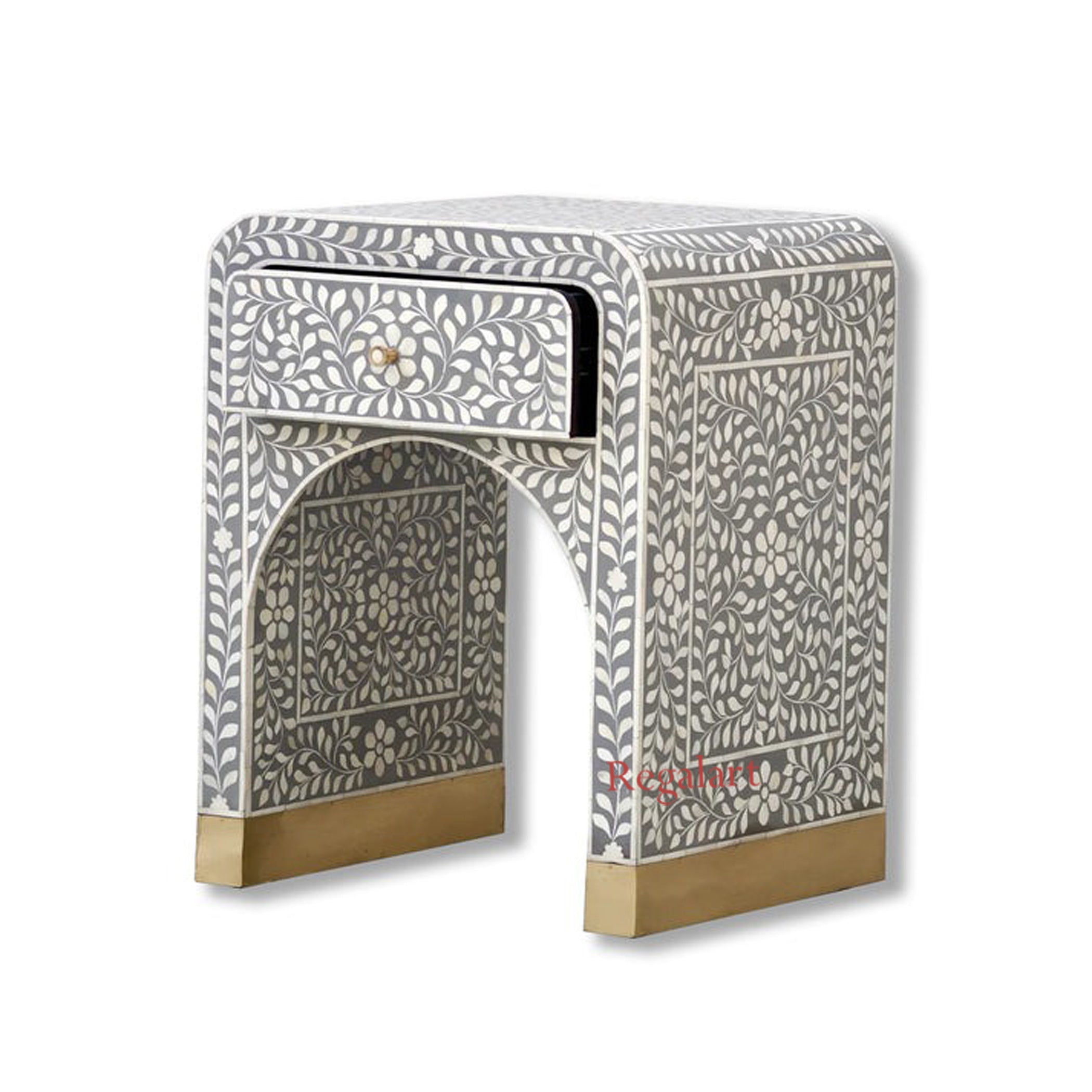 Handmade Bone Inlay 1 Drawer Floral Art Bedside Table Nightstand