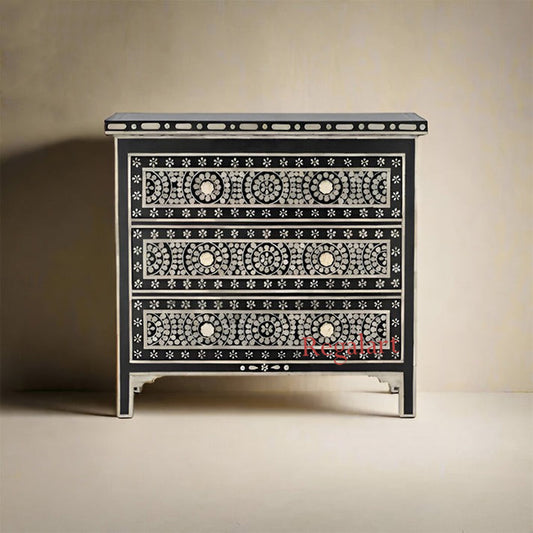 Three Drawer Bone Inlay Chest | Geometric Pattern Dresser for Home