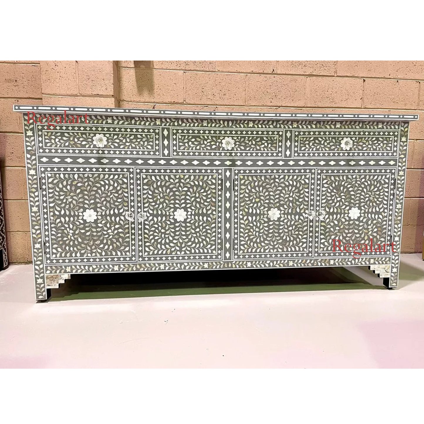 Sideboard Buffet Large Mother Of Pearl Inlay -Mid Grey Floral Home Decor