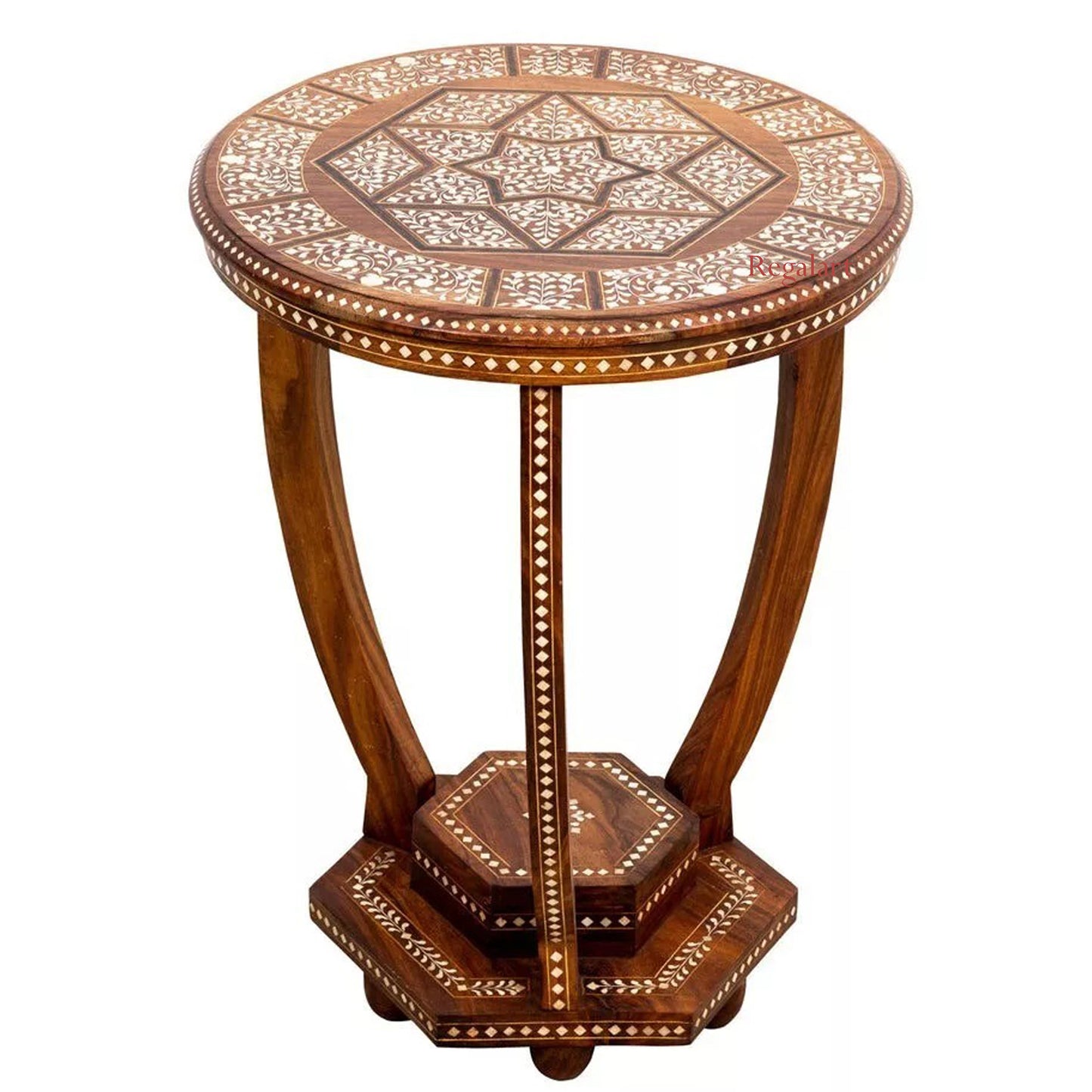 Bone Inlaid Side Table Round Wooden Home Décor Living Room Furniture