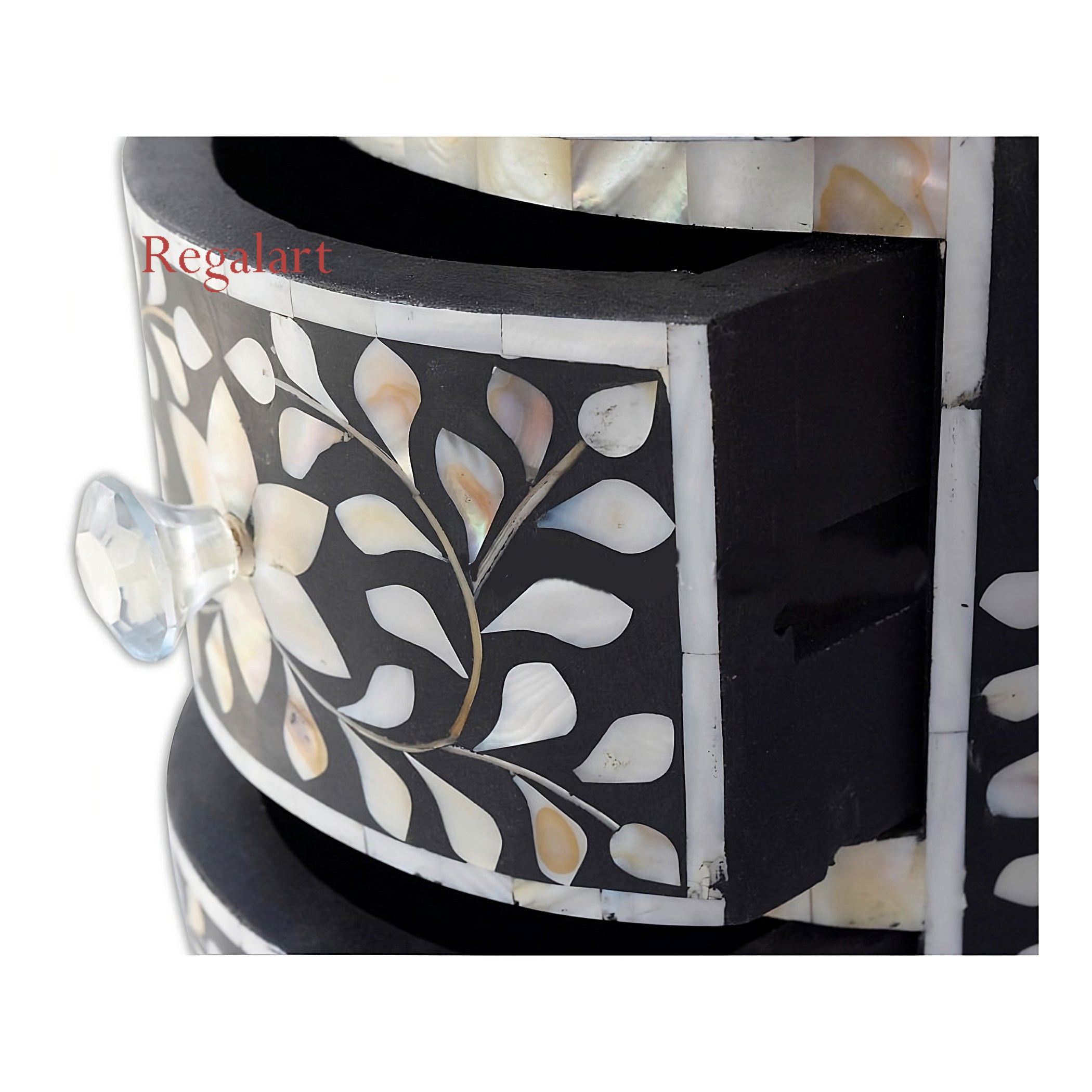 Round Side Table with Mother of Pearl Inlay – Floral Design Accent Table for Home Décor | Luxury Handmade Furniture