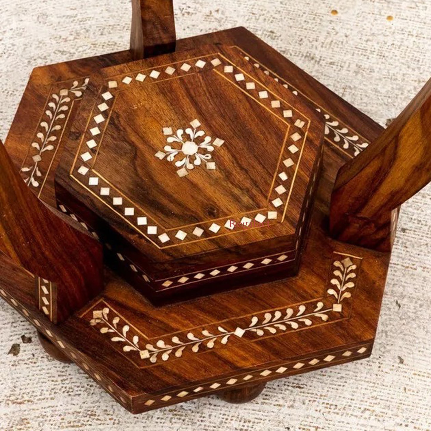 Bone Inlaid Side Table Round Wooden Home Décor Living Room Furniture