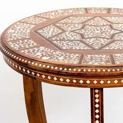 Bone Inlaid Side Table Round Wooden Home Décor Living Room Furniture