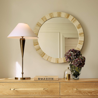 Round Bone Inlay Striped Wall Mirror for Entryway
