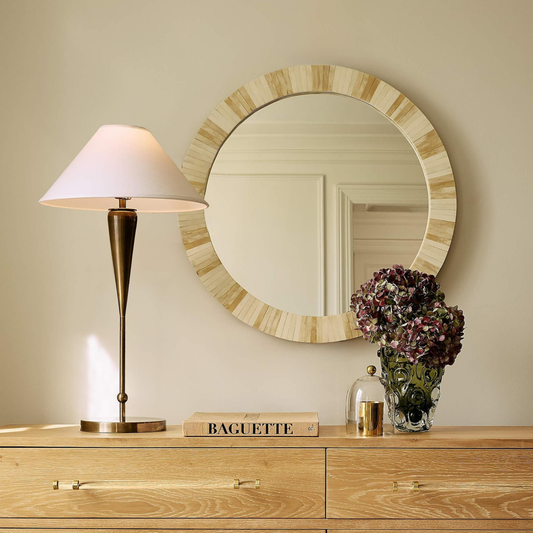 Round Bone Inlay Striped Wall Mirror for Entryway