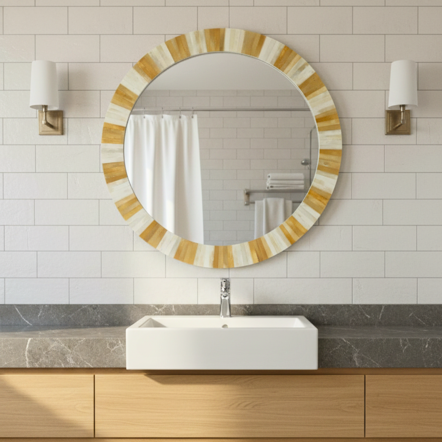 Round Bone Inlay Striped Wall Mirror for Entryway