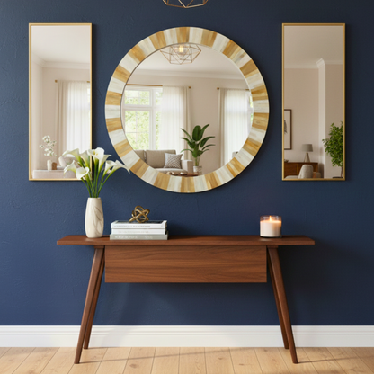 Round Bone Inlay Striped Wall Mirror for Entryway