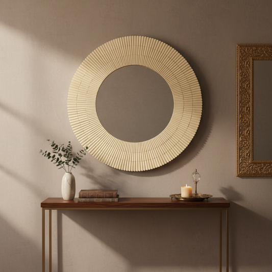 Handmade Bone Inlay Round Wall Mirror: Boho Decor