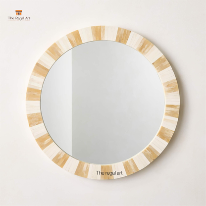 Round Bone Inlay Striped Wall Mirror for Entryway