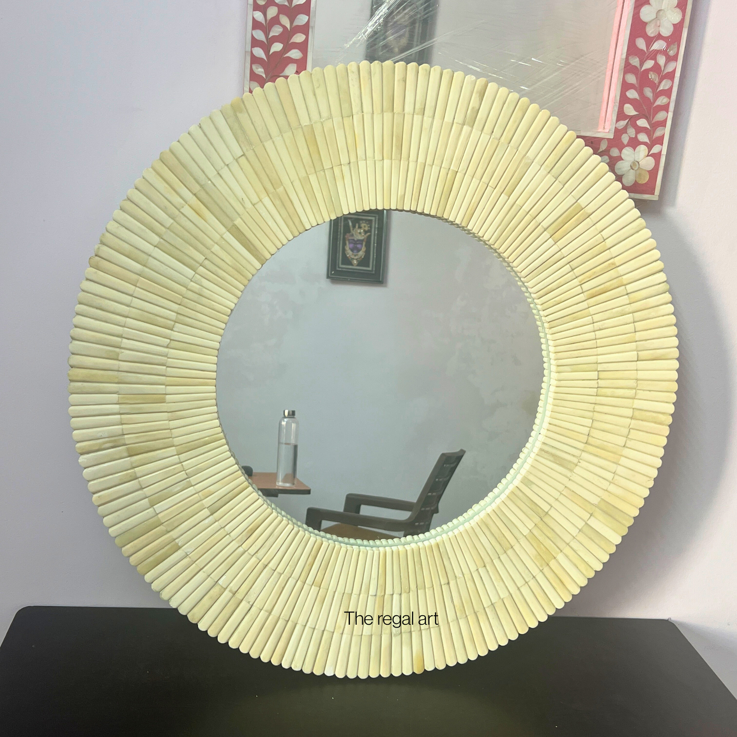 Handmade Bone Inlay Round Wall Mirror: Boho Decor