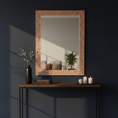 Decorative mirror with a geometric frame on a dark wall above a wooden console table.