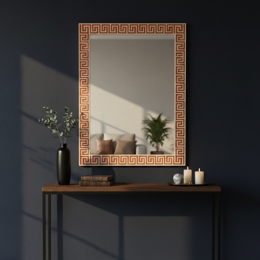 Decorative mirror with a geometric frame on a dark wall above a wooden console table.