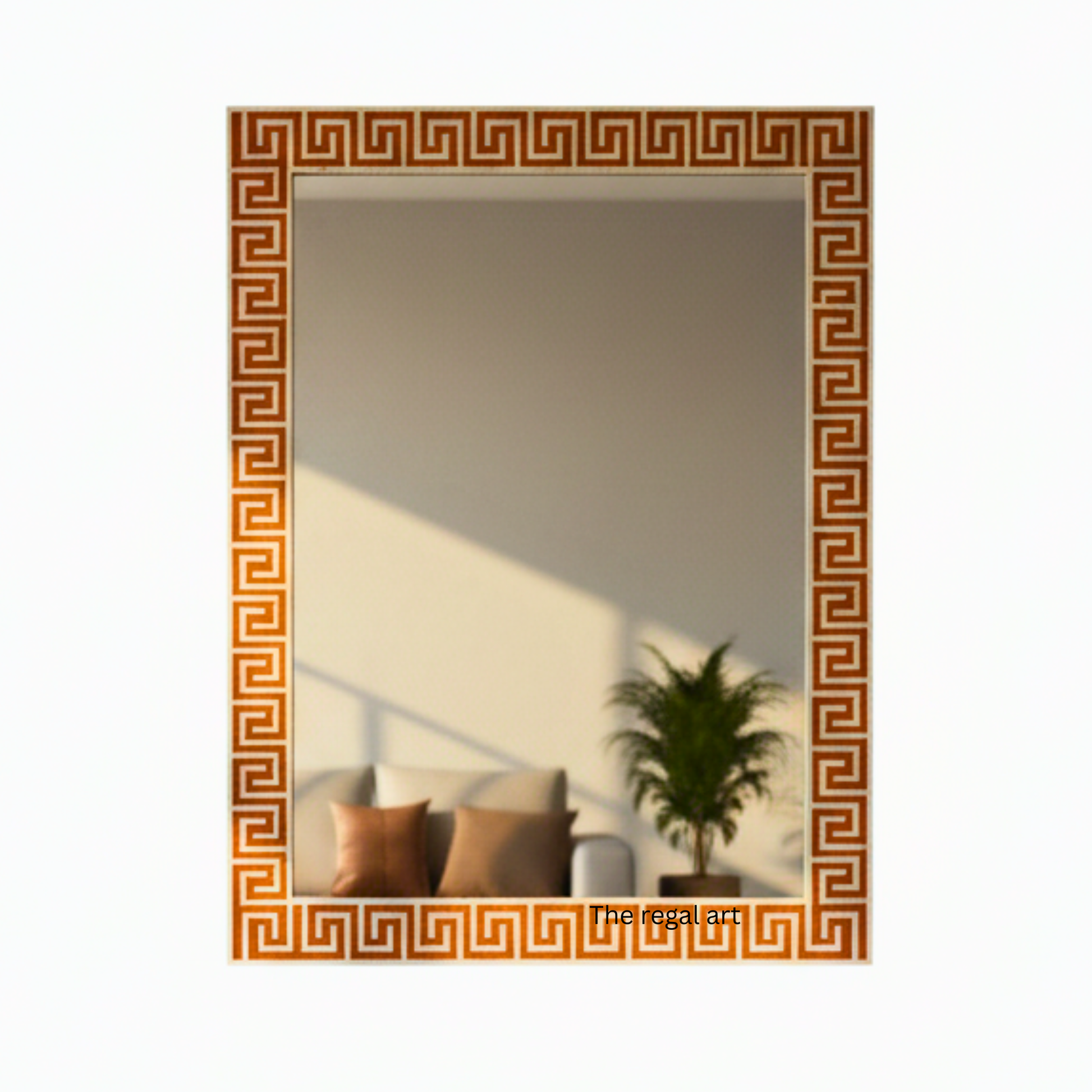 Decorative mirror with a Greek key border on a white background