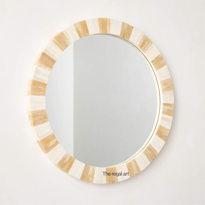 Round Bone Inlay Striped Wall Mirror for Entryway