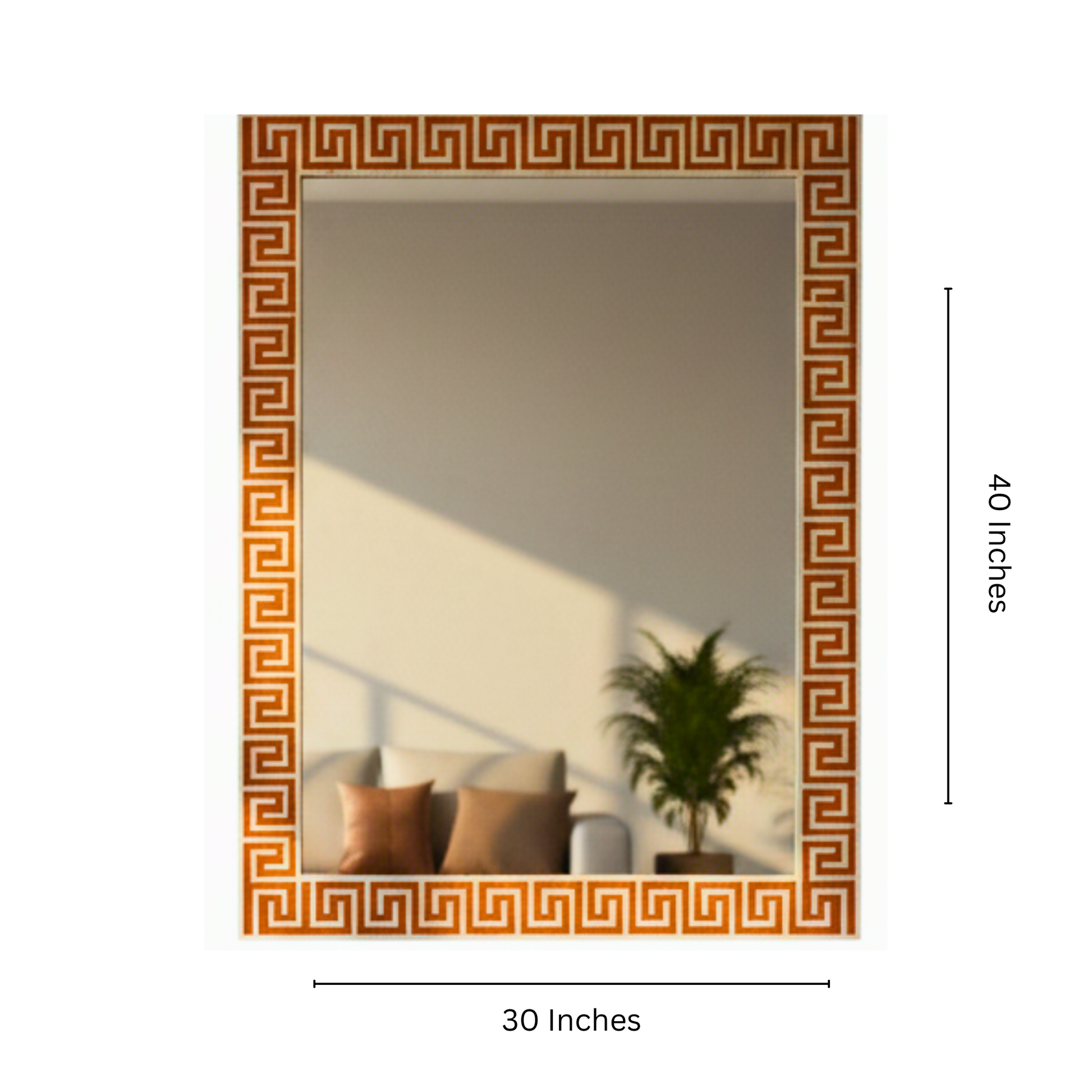 Rectangular mirror with decorative border and dimensions on a white background
