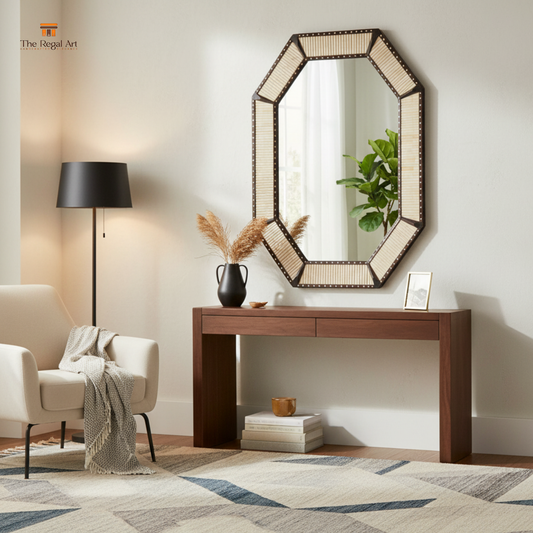 Decorative mirror with wicker frame on a wall above a wooden console table in a living room.