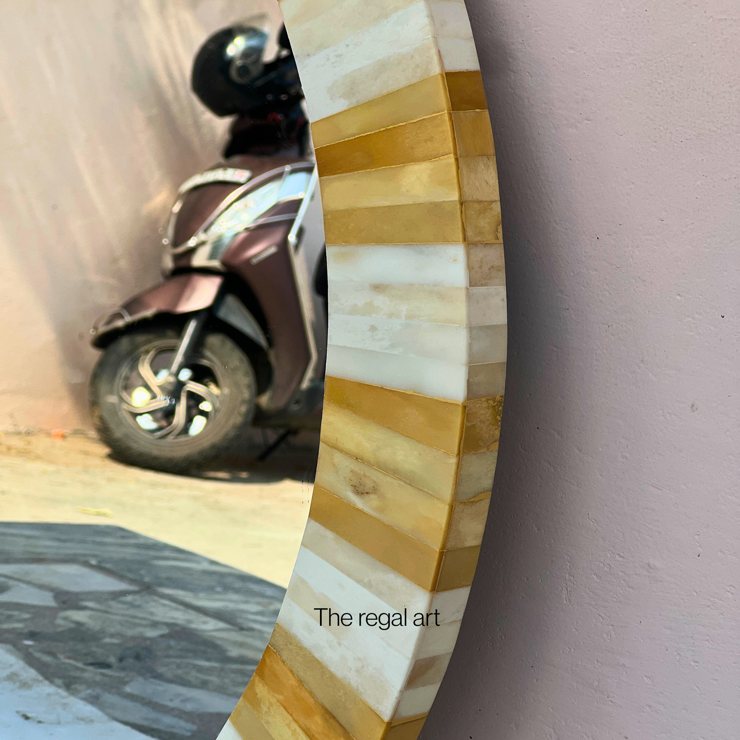 Round Bone Inlay Striped Wall Mirror for Entryway