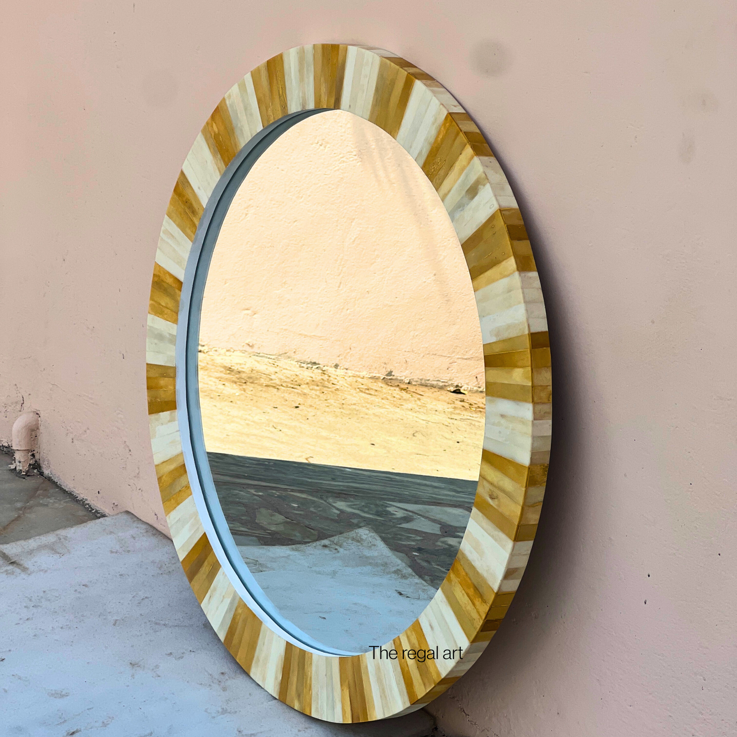 Round Bone Inlay Striped Wall Mirror for Entryway