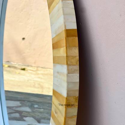 Round Bone Inlay Striped Wall Mirror for Entryway