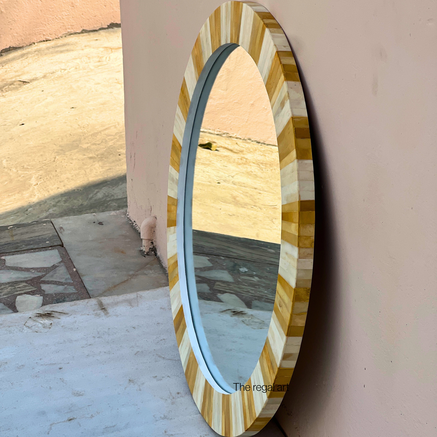Round Bone Inlay Striped Wall Mirror for Entryway