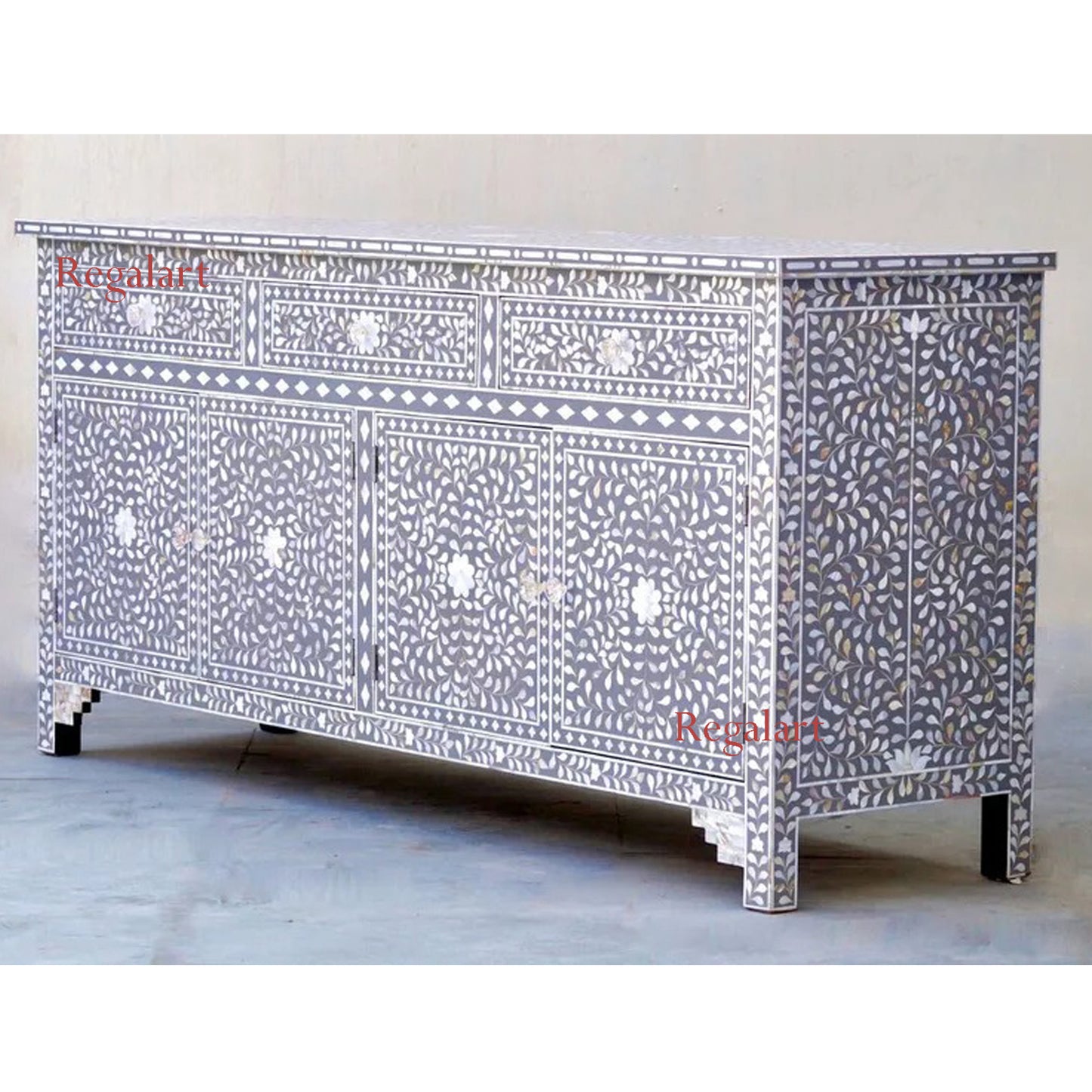 Sideboard Buffet Large Mother Of Pearl Inlay -Mid Grey Floral Home Decor