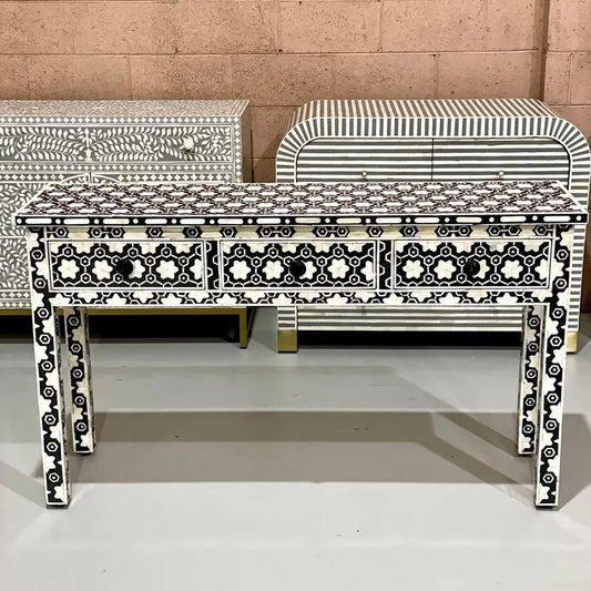 Bone Inlay Console Table, 3 Drawer - Black Daisy