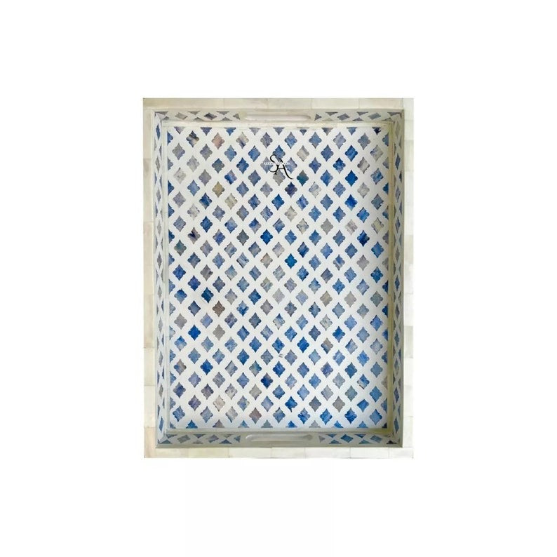 Moroccan blue bone inlay serving tray handmade for kitchen and decor