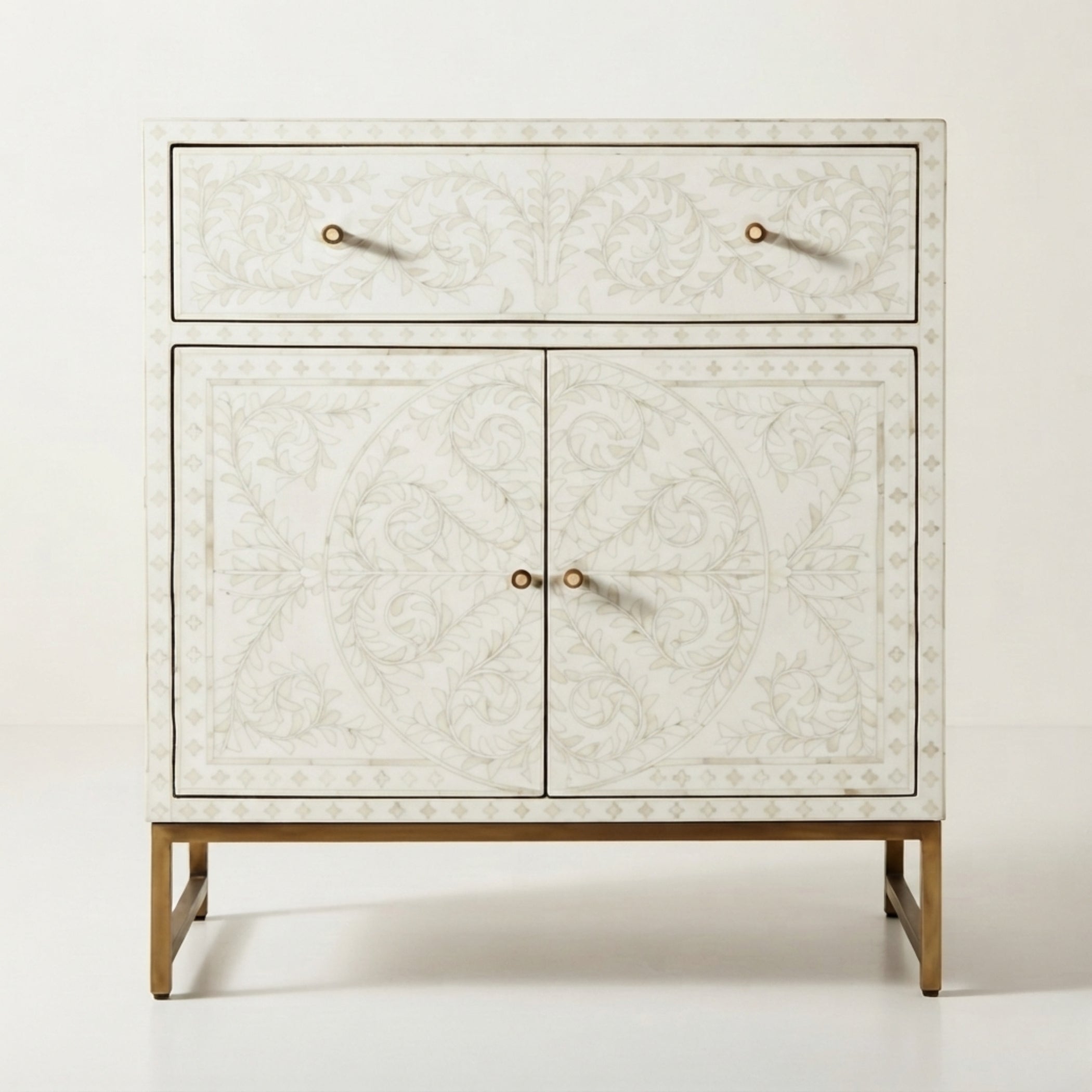 White Scroll Vine Bone Inlay Luxury Entryway Cabinet | The Regal Art