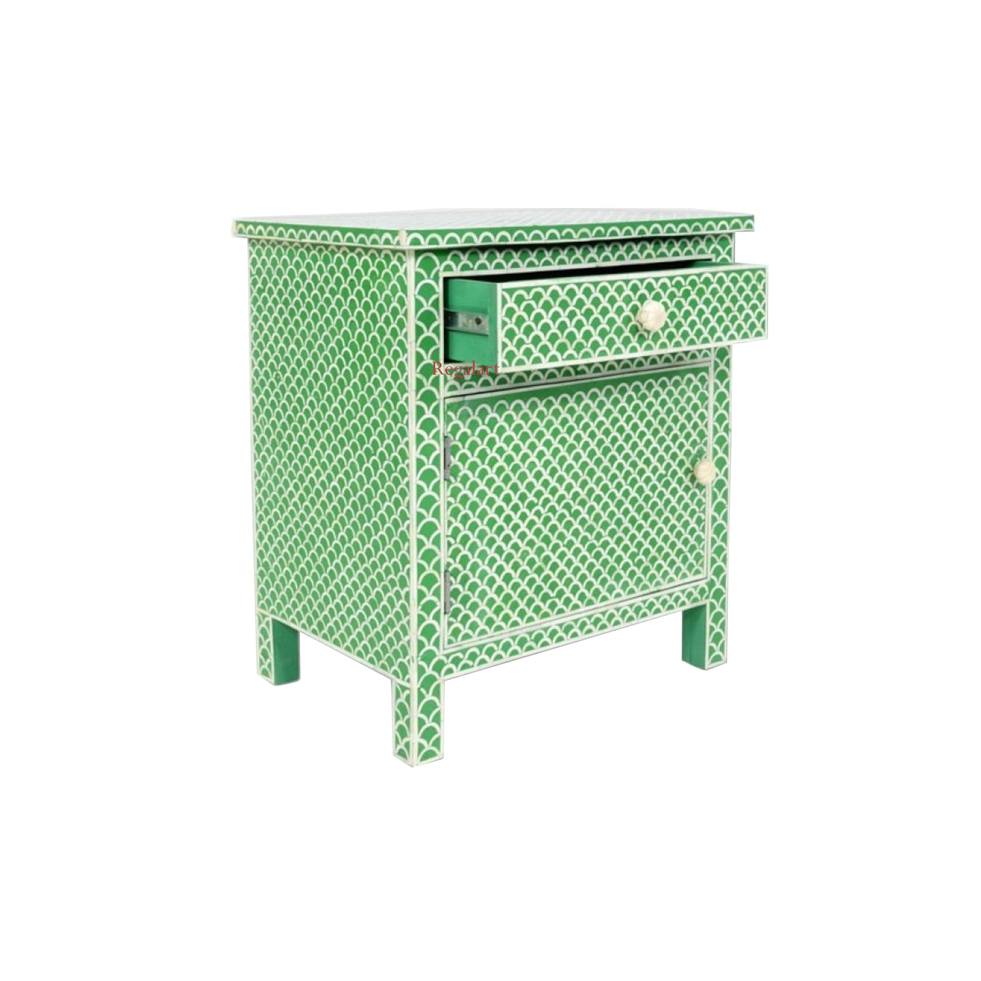 Handmade Bone Inlay Bedside Table With 1 Drawer 1 Door Home Decor Unique Pattern Nightstands Table