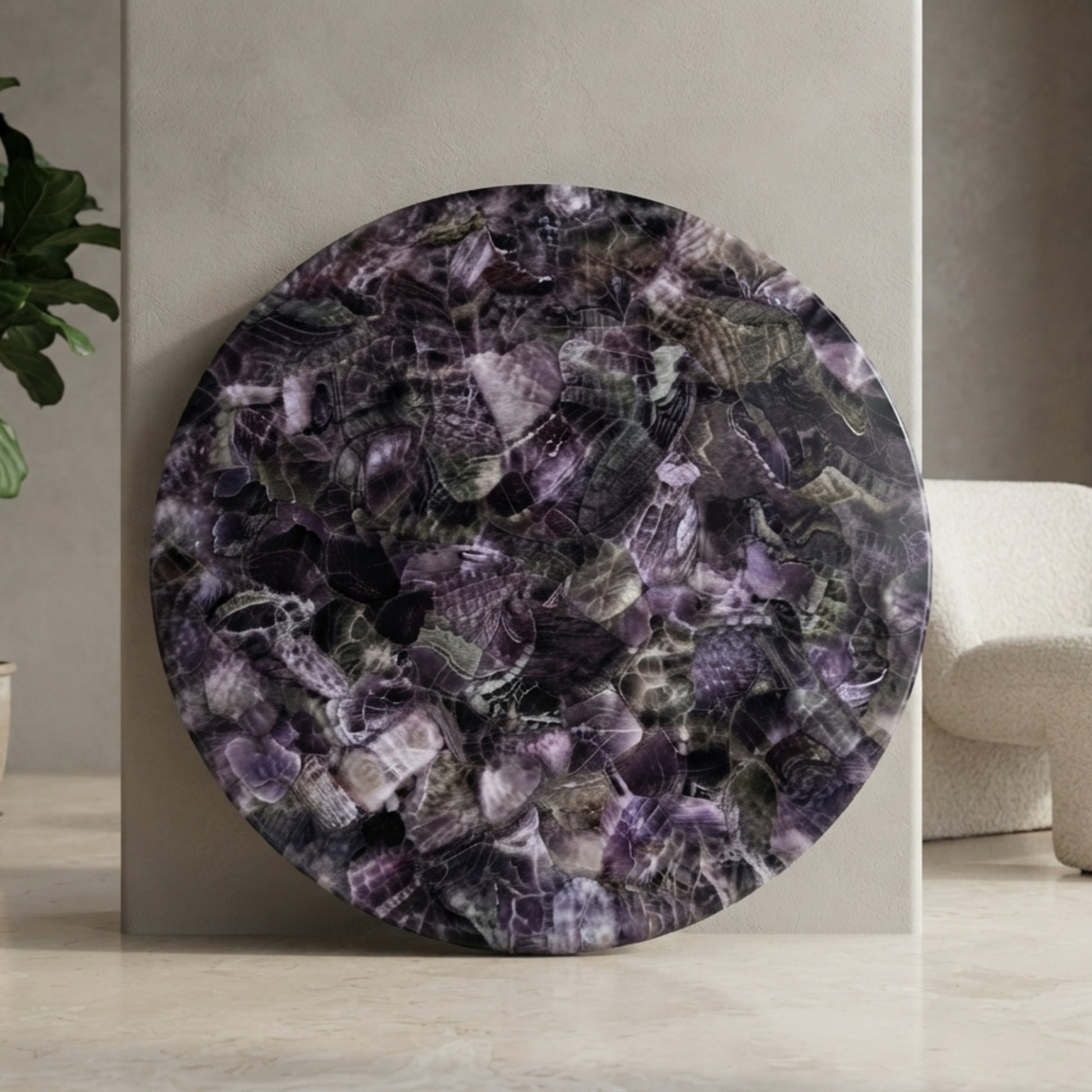 Luxury round Amethyst gemstone table top with natural crystal pattern displayed in modern interior by The Regal Art