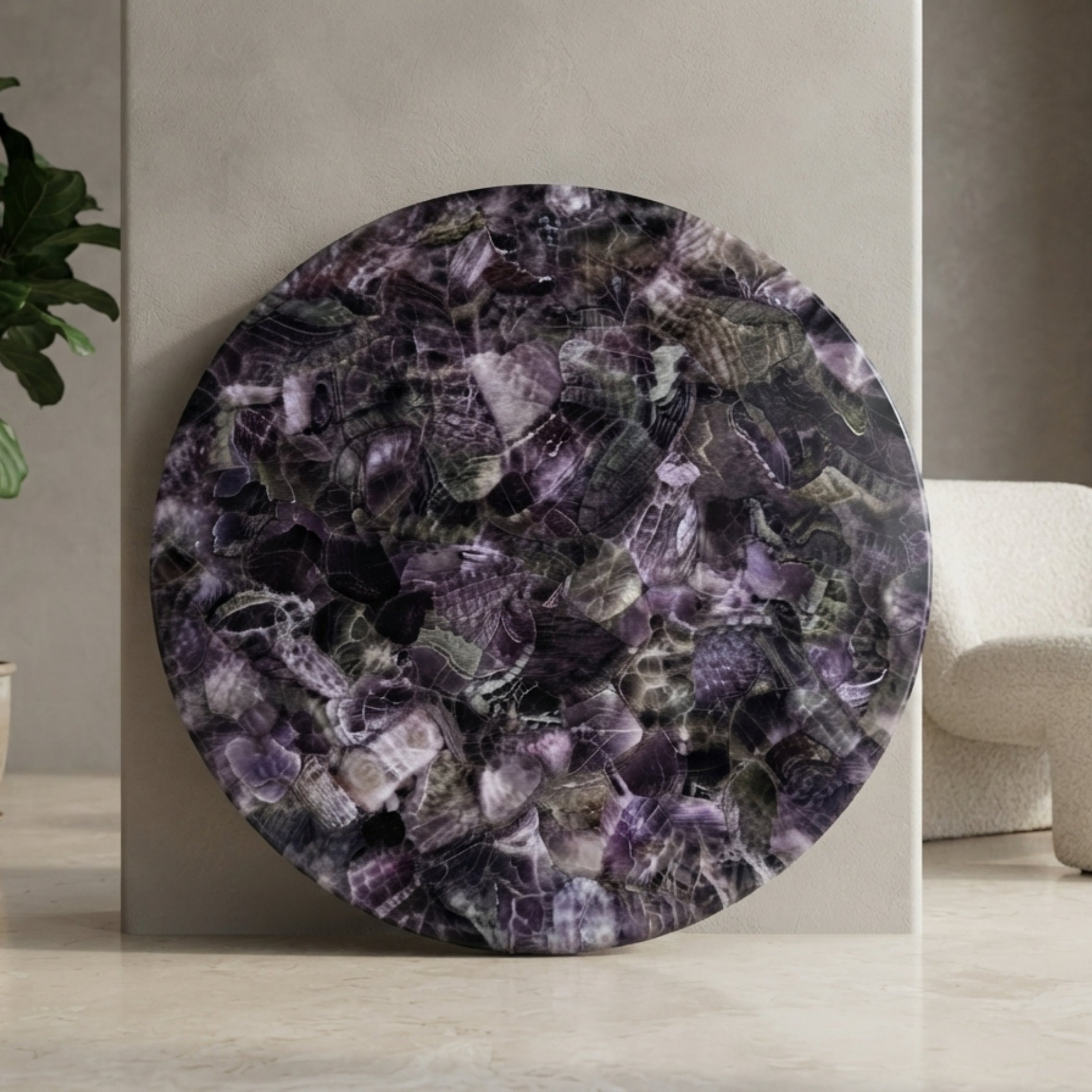 Luxury round Amethyst gemstone table top with natural crystal pattern displayed in modern interior by The Regal Art