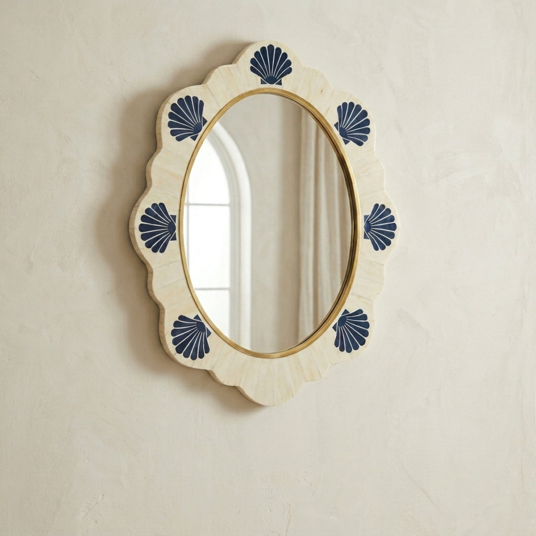 Handmade Blue Bone Inlay Oval Mirror, Scalloped Coastal Brass Frame